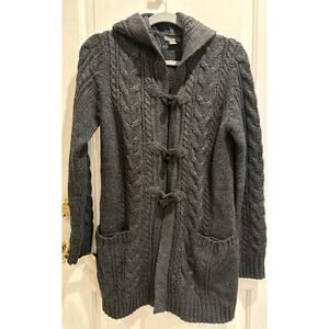 Eddie Bauer Cable Knit Hooded Cardigan Sweater Women’s M Pockets Wool Blend